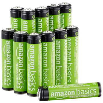 Amazon Basics 12-Pack Rechargeable AAA NiMH Performance Batteries, 800 mAh, Recharge up to 1000x Tim...