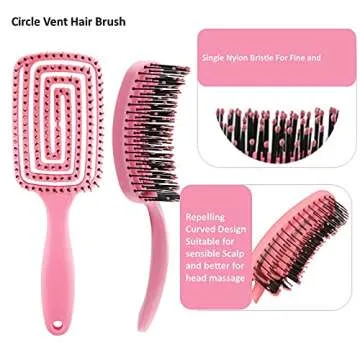 5 Pcs Pink Hair Brush Travel Set for Curly Hair Detangling Brush Set,Circle Vented Hair Brush,Hair Towel Wrap,Hair Scalp Massager Shampoo Brush with a Clear Toiletry Bag Hairbrushes and Combo Set