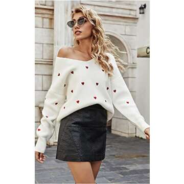 ECOWISH Women Valentine Heart Sweater V Neck Embroidery Knit Loose Casual Long Sleeve Ribbed Pullover Sweaters White Large