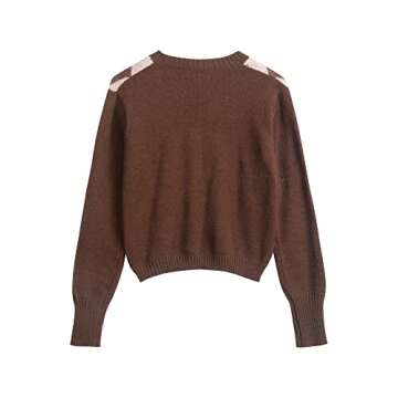 ZAFUL Women's Argyle Sweater Long-Sleeve V-Neck Plaid Knitted Crop Sweater Pullover Tops (3-Coffee, M)