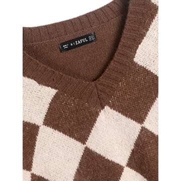 ZAFUL Women's Argyle Sweater Long-Sleeve V-Neck Plaid Knitted Crop Sweater Pullover Tops (3-Coffee, M)