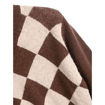 ZAFUL Women's Argyle Sweater Long-Sleeve V-Neck Plaid Knitted Crop Sweater Pullover Tops (3-Coffee, M)