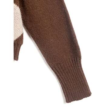 ZAFUL Women's Argyle Sweater Long-Sleeve V-Neck Plaid Knitted Crop Sweater Pullover Tops (3-Coffee, M)