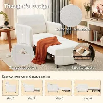 ZZW Sleeper Chair 84" Extra Long Convertible Chair Bed Upgraded 3-in-1 to 4-in-1 Pull Out Chair & Single Sofa Bed for Adult Sleeping Chair for Living Room & Small Space (White)