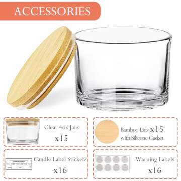 CONNOO 15 Pack 4 OZ Clear Glass Candle Jars with Airtight Bamboo Lids for Making Candles, Bulk Small...