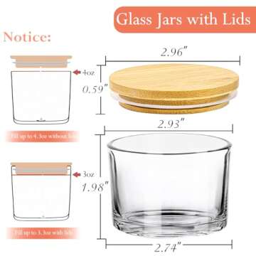 CONNOO 15 Pack 4 OZ Clear Glass Candle Jars with Airtight Bamboo Lids for Making Candles, Bulk Small Wide Mouth Empty Candle Containers with Sticky Warning Labels - Dishwasher Safe