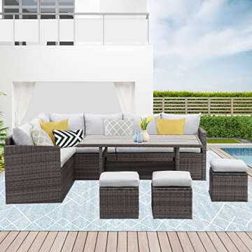 Wisteria Lane Outdoor Patio Furniture Set, 7 Piece Wicker Rattan Outdoor Dining Set with Dining Tabl...