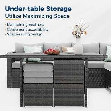 Wisteria Lane Outdoor Patio Furniture Set, 7 Piece Wicker Rattan Outdoor Dining Set with Dining Table and Ottomans, Patio Table and Chairs Set, Outdoor Sectional, Grey