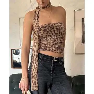 Bocymolay Leopard Print Tube Top for Women Sexy Strapless Mesh Ruched Bandeau Top Going Out Streetwear(Brown,S)