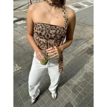 Bocymolay Leopard Print Tube Top for Women Sexy Strapless Mesh Ruched Bandeau Top Going Out Streetwear(Brown,S)