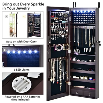 CHARMAID 6 LEDs Jewelry Armoire Wall/Door Mounted, Lockable Jewelry Organizer with Full Length Mirror, 2 Drawers, Necklace Hooks, Bracelet Rod, Large Storage Mirrored Jewelry Cabinet (Brown)