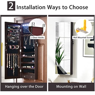 CHARMAID 6 LEDs Jewelry Armoire Wall/Door Mounted, Lockable Jewelry Organizer with Full Length Mirror, 2 Drawers, Necklace Hooks, Bracelet Rod, Large Storage Mirrored Jewelry Cabinet (Brown)
