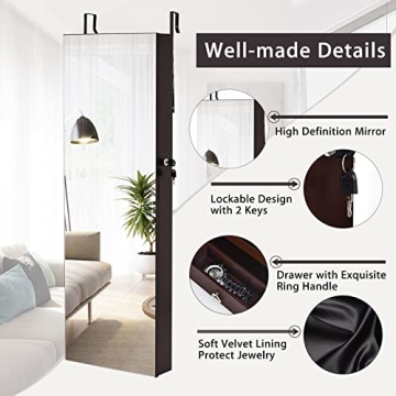 CHARMAID 6 LEDs Jewelry Armoire Wall/Door Mounted, Lockable Jewelry Organizer with Full Length Mirror, 2 Drawers, Necklace Hooks, Bracelet Rod, Large Storage Mirrored Jewelry Cabinet (Brown)