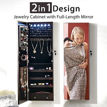 CHARMAID 6 LEDs Jewelry Armoire Wall/Door Mounted, Lockable Jewelry Organizer with Full Length Mirror, 2 Drawers, Necklace Hooks, Bracelet Rod, Large Storage Mirrored Jewelry Cabinet (Brown)