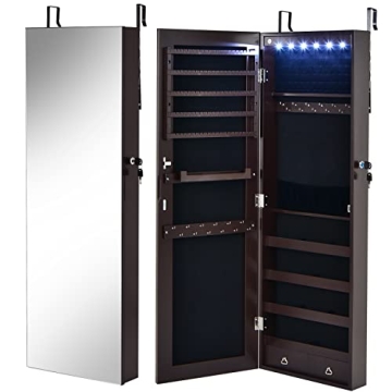 CHARMAID 6 LEDs Jewelry Armoire Wall/Door Mounted, Lockable Jewelry Organizer with Full Length Mirror, 2 Drawers, Necklace Hooks, Bracelet Rod, Large Storage Mirrored Jewelry Cabinet (Brown)