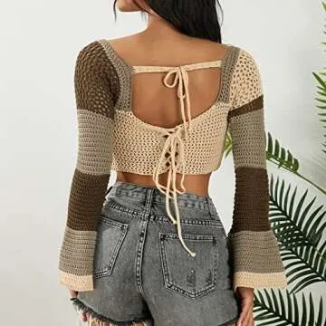 Trendy Womens Y2K Cropped Knit Long Sleeve Top