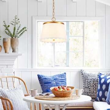 MhyTogn Flower Pendant Lighting, Modern Chandelier with Cream White Fabric Drum and Antique Brass Br...