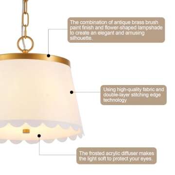 MhyTogn Flower Pendant Lighting, Modern Chandelier with Cream White Fabric Drum and Antique Brass Brush Paint Finish Shade for Nursery Kids Room Bedroom Kitchen Hallway Entryway 3-Light