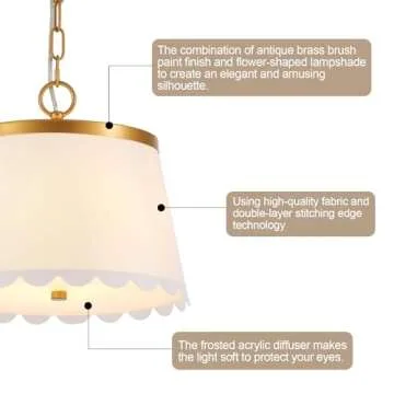 MhyTogn Flower Pendant Lighting, Modern Chandelier with Cream White Fabric Drum and Antique Brass Brush Paint Finish Shade for Nursery Kids Room Bedroom Kitchen Hallway Entryway 3-Light