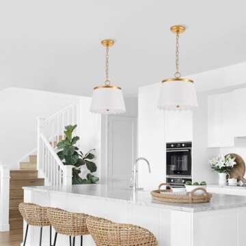 MhyTogn Flower Pendant Lighting, Modern Chandelier with Cream White Fabric Drum and Antique Brass Brush Paint Finish Shade for Nursery Kids Room Bedroom Kitchen Hallway Entryway 3-Light