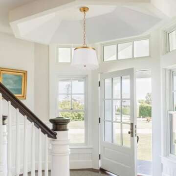 MhyTogn Flower Pendant Lighting, Modern Chandelier with Cream White Fabric Drum and Antique Brass Brush Paint Finish Shade for Nursery Kids Room Bedroom Kitchen Hallway Entryway 3-Light