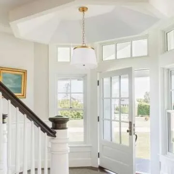 MhyTogn Flower Pendant Lighting, Modern Chandelier with Cream White Fabric Drum and Antique Brass Brush Paint Finish Shade for Nursery Kids Room Bedroom Kitchen Hallway Entryway 3-Light