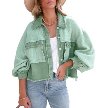 chouyatou Women's Cropped Waffle Knit Jacket Boyfriend Button Down Shirt Shacket Tops (Small, Green)