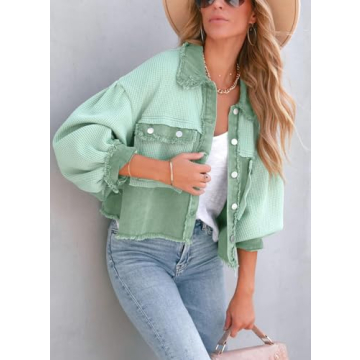 chouyatou Women's Cropped Waffle Knit Jacket Boyfriend Button Down Shirt Shacket Tops (Small, Green)
