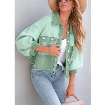 chouyatou Women's Cropped Waffle Knit Jacket Boyfriend Button Down Shirt Shacket Tops (Small, Green)