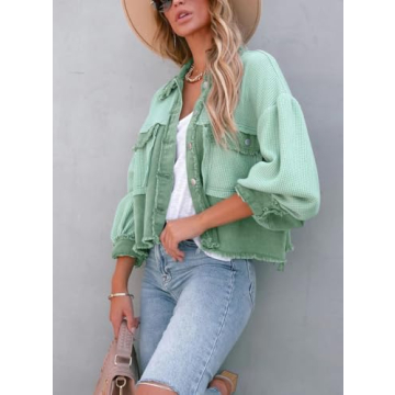chouyatou Women's Cropped Waffle Knit Jacket Boyfriend Button Down Shirt Shacket Tops (Small, Green)