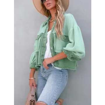 chouyatou Women's Cropped Waffle Knit Jacket Boyfriend Button Down Shirt Shacket Tops (Small, Green)