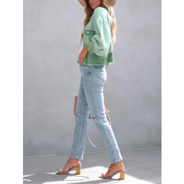 chouyatou Women's Cropped Waffle Knit Jacket Boyfriend Button Down Shirt Shacket Tops (Small, Green)