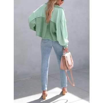 chouyatou Women's Cropped Waffle Knit Jacket Boyfriend Button Down Shirt Shacket Tops (Small, Green)