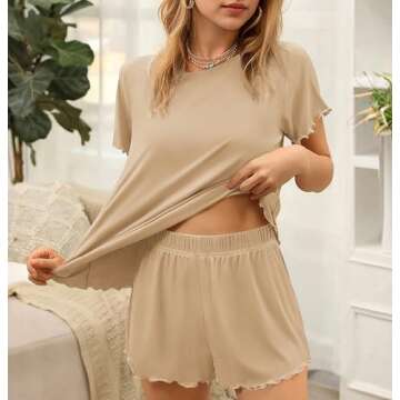 Ekouaer Womens Pajamas 2 Piece Ribbed Knit Pjs Short Sleeve Sleepwear Set Summer Soft Pajamas Set Casual Lounge Sets Beige M