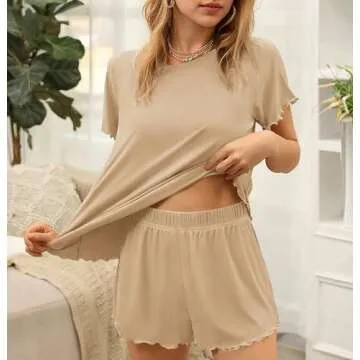 Ekouaer Womens Pajamas 2 Piece Ribbed Knit Pjs Short Sleeve Sleepwear Set Summer Soft Pajamas Set Casual Lounge Sets Beige M