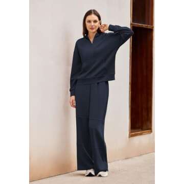 Womens Sweatsuits 2 Piece Travel Outfits Fall Tracksuit Winter Loungewear Fashion Wide Leg Pants Matching Clothing Sets Y2k Navy M