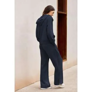 Womens Sweatsuits 2 Piece Travel Outfits Fall Tracksuit Winter Loungewear Fashion Wide Leg Pants Matching Clothing Sets Y2k Navy M
