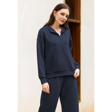 Womens Sweatsuits 2 Piece Travel Outfits Fall Tracksuit Winter Loungewear Fashion Wide Leg Pants Matching Clothing Sets Y2k Navy M
