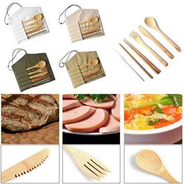 Dergo ☀Portable Bamboo Cutlery Travel Eco-Friendly Fork Spoon Set Include Reusable Bamboo Slice, Knife, Spoon, Chopsticks, Straw, Cleaning Brush (C)