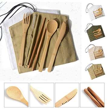 Dergo ☀Portable Bamboo Cutlery Travel Eco-Friendly Fork Spoon Set Include Reusable Bamboo Slice, Knife, Spoon, Chopsticks, Straw, Cleaning Brush (C)