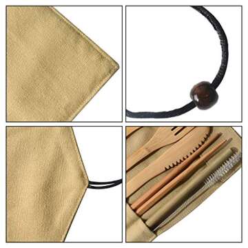 Dergo ☀Portable Bamboo Cutlery Travel Eco-Friendly Fork Spoon Set Include Reusable Bamboo Slice, Knife, Spoon, Chopsticks, Straw, Cleaning Brush (C)