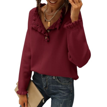 BTFBM Womens Sweaters Fall Winter Clothes 2025 Long Sleeve Button Down Ruffle Crew Neck Casual Knitt...