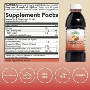 Dynamic Health Cranberry Turmeric and Ginger Tonic, Certified Organic, Natural Antioxidant Support, No Added Sugar, Gluten-Free, 16 Fl oz
