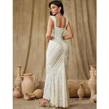 Elegant Lace Bodycon Fishtail Dress Wedding Guest Dress Fishbone Dress Shoulder Strap Ruched Midi Party Dress for Women(A-Beige,L)