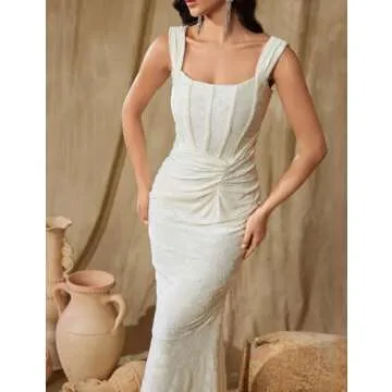 Elegant Lace Bodycon Fishtail Dress Wedding Guest Dress Fishbone Dress Shoulder Strap Ruched Midi Party Dress for Women(A-Beige,L)