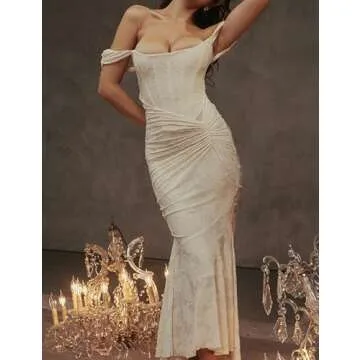 Elegant Lace Bodycon Fishtail Dress Wedding Guest Dress Fishbone Dress Shoulder Strap Ruched Midi Party Dress for Women(A-Beige,L)