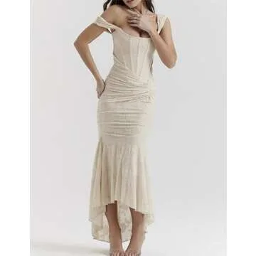 Elegant Lace Bodycon Fishtail Dress Wedding Guest Dress Fishbone Dress Shoulder Strap Ruched Midi Party Dress for Women(A-Beige,L)