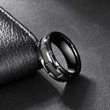 Greenpod 8mm Black Tungsten Carbide Ring with Brush Finish and Brick Pattern for Men