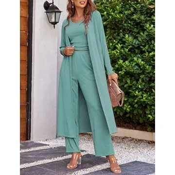 Ekouaer Women's 3 Piece Knit Lounge Set Pajama Long Sleeve Cardigan Sleeveless Top Pants SweatsuitGreenSmall