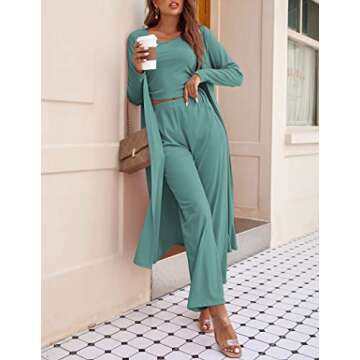 Ekouaer Women's 3 Piece Knit Lounge Set Pajama Long Sleeve Cardigan Sleeveless Top Pants SweatsuitGreenSmall